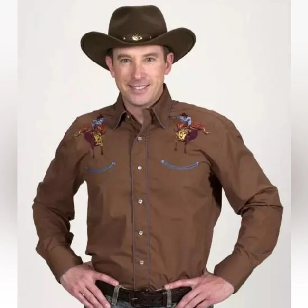 Western Express Men’s Brown Rodeo bullrider Embroidered shirt in L - Picture 2 of 9